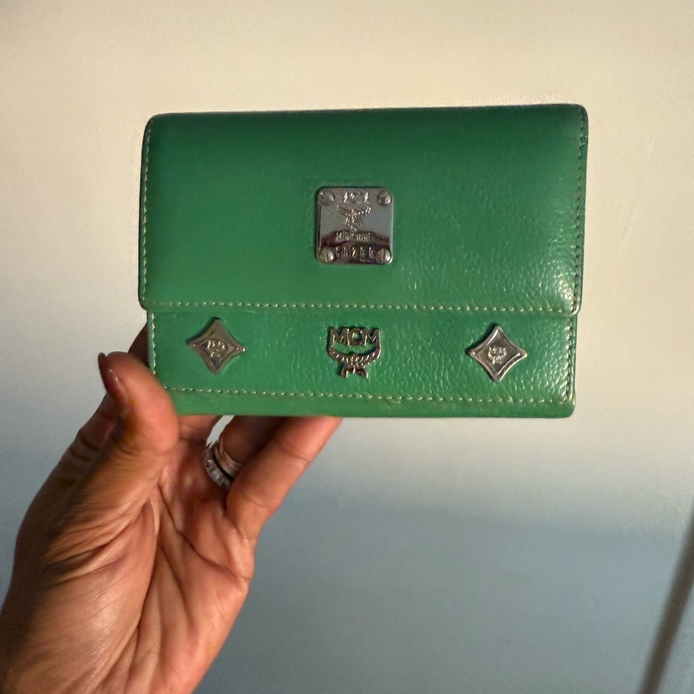 MCM Green Leather Compact Wallet with Silver Hardware authentic